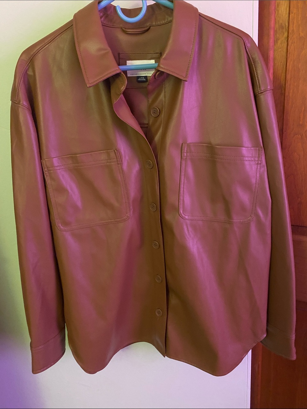 American Eagle Outfitters Brown Faux Leather Button-Up Shacket